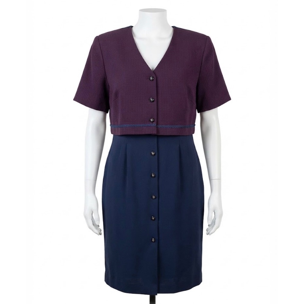 Olivia Rose New York Vintage Navy Purple Layered Look Button Front Dress 14M